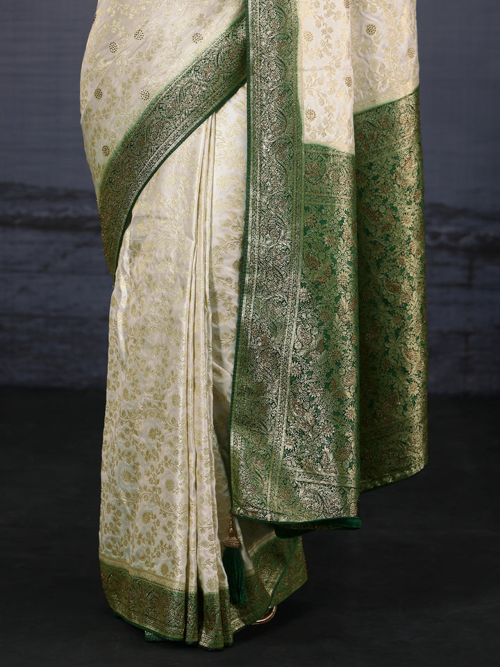 Libas Cream and Green Floral Woven Design Silk Blend Saree