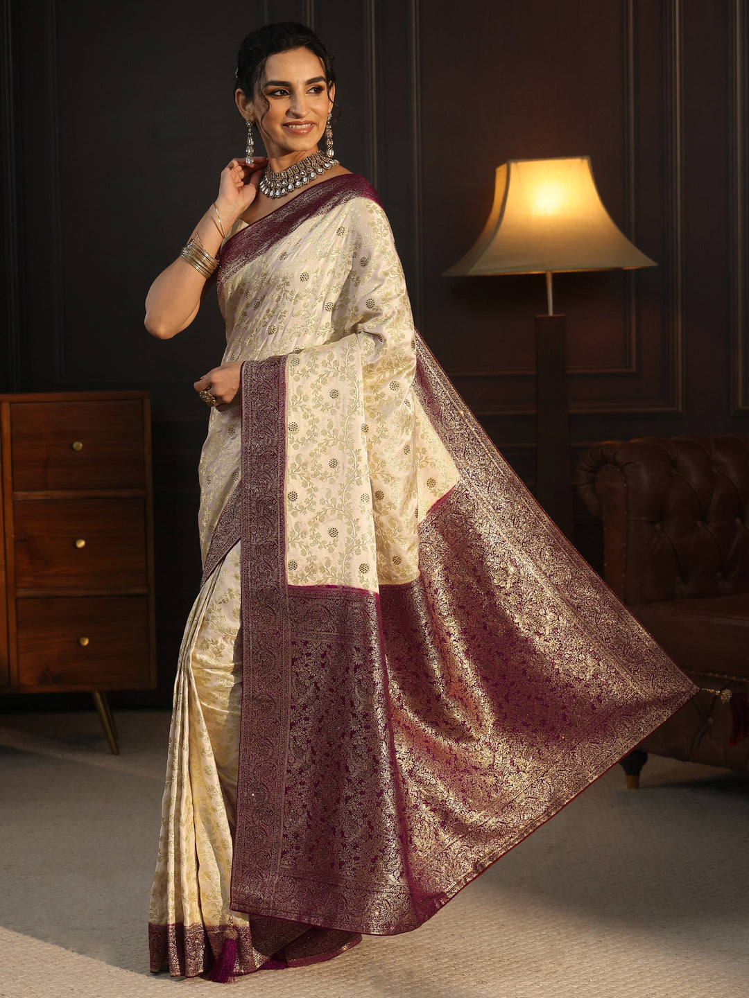 Libas Cream and Maroon Floral Woven Design Silk Blend Saree