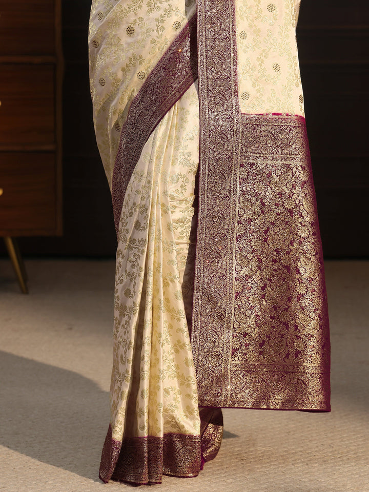 Libas Cream and Maroon Floral Woven Design Silk Blend Saree