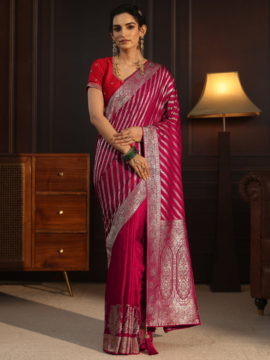 Libas Rani Pink Striped Silk Blend Saree with Embellished Pallu