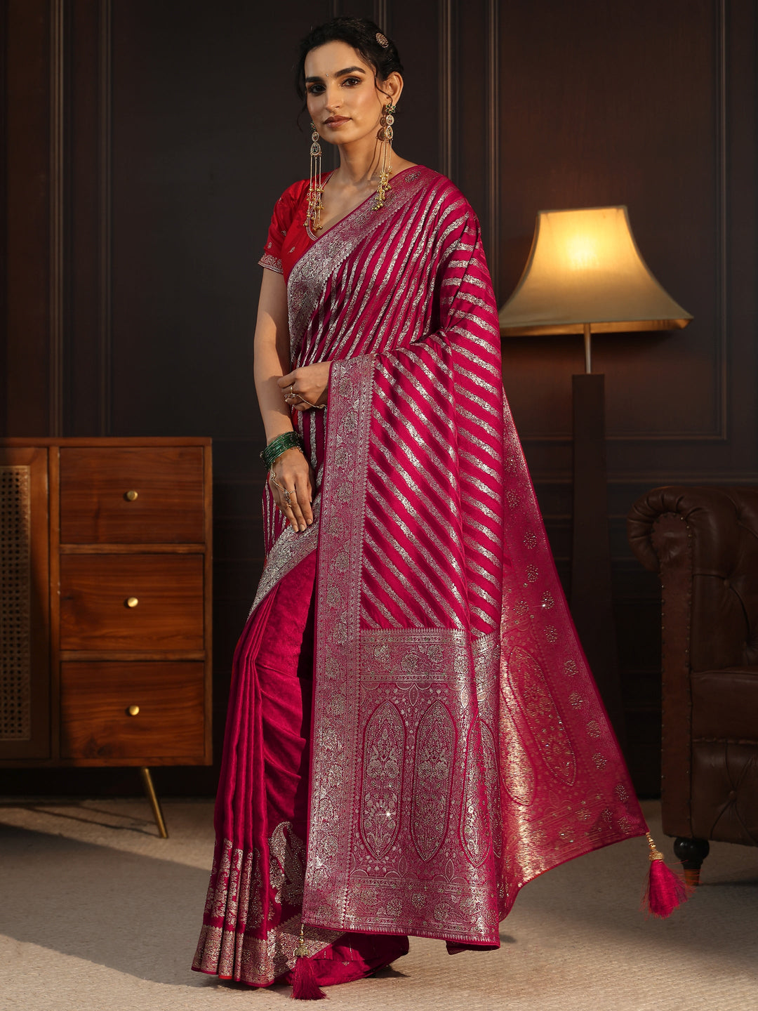 Libas Rani Pink Striped Silk Blend Saree with Embellished Pallu