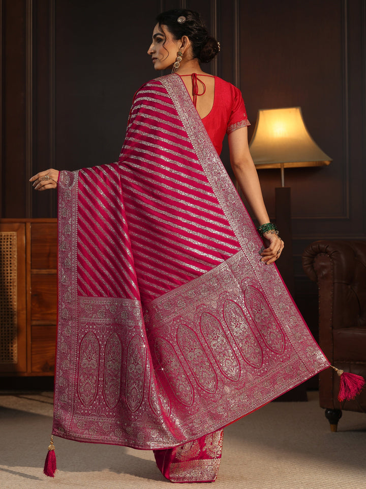 Libas Rani Pink Striped Silk Blend Saree with Embellished Pallu