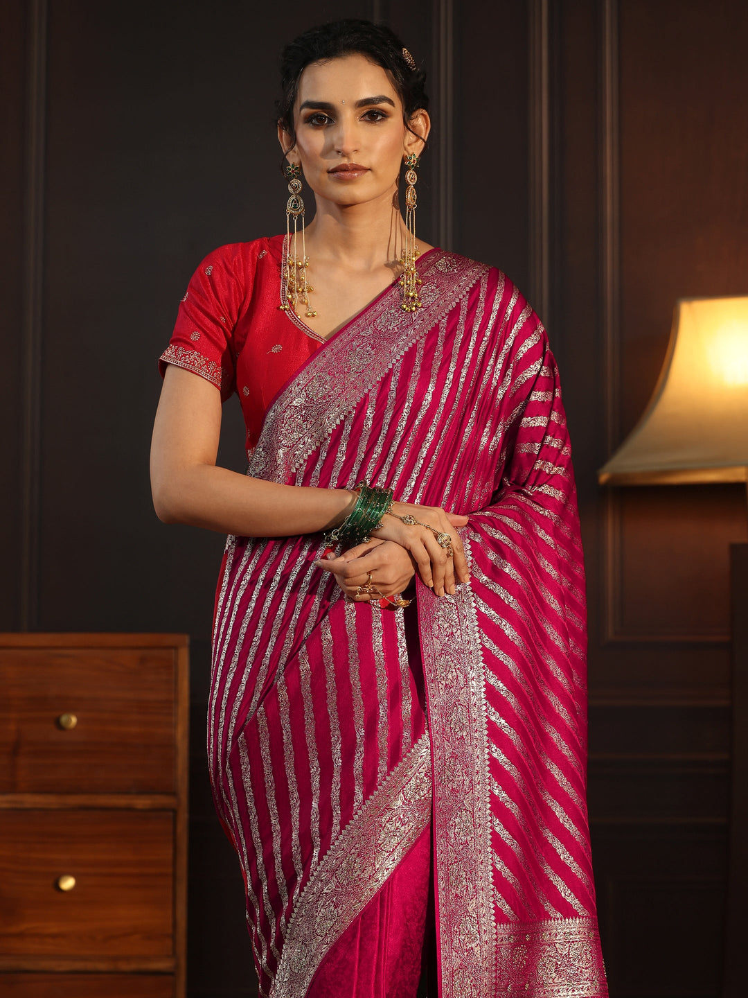 Libas Rani Pink Striped Silk Blend Saree with Embellished Pallu