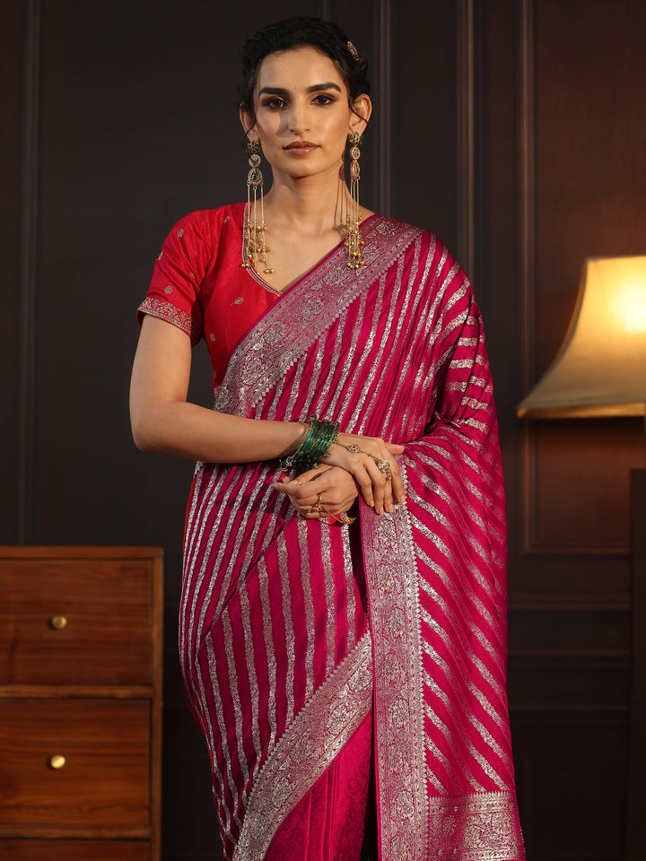 Libas Rani Pink Striped Silk Blend Saree with Embellished Pallu