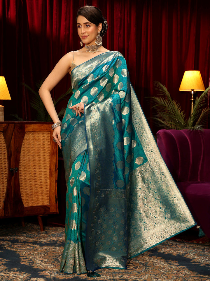 Libas Persian Blue Woven Design Silk Blend Saree