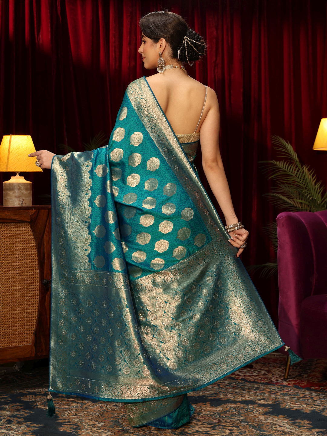 Libas Persian Blue Woven Design Silk Blend Saree