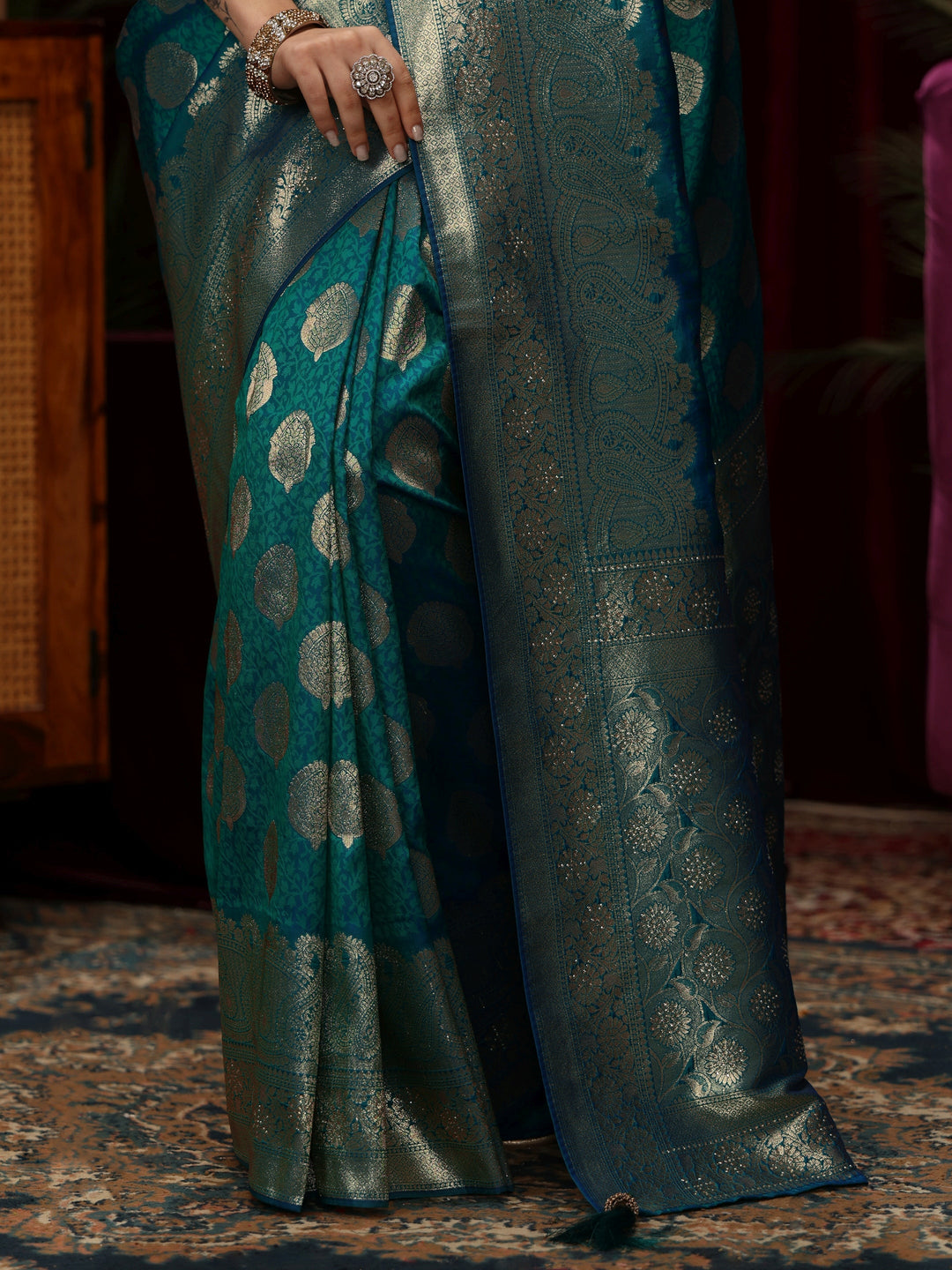Libas Persian Blue Woven Design Silk Blend Saree