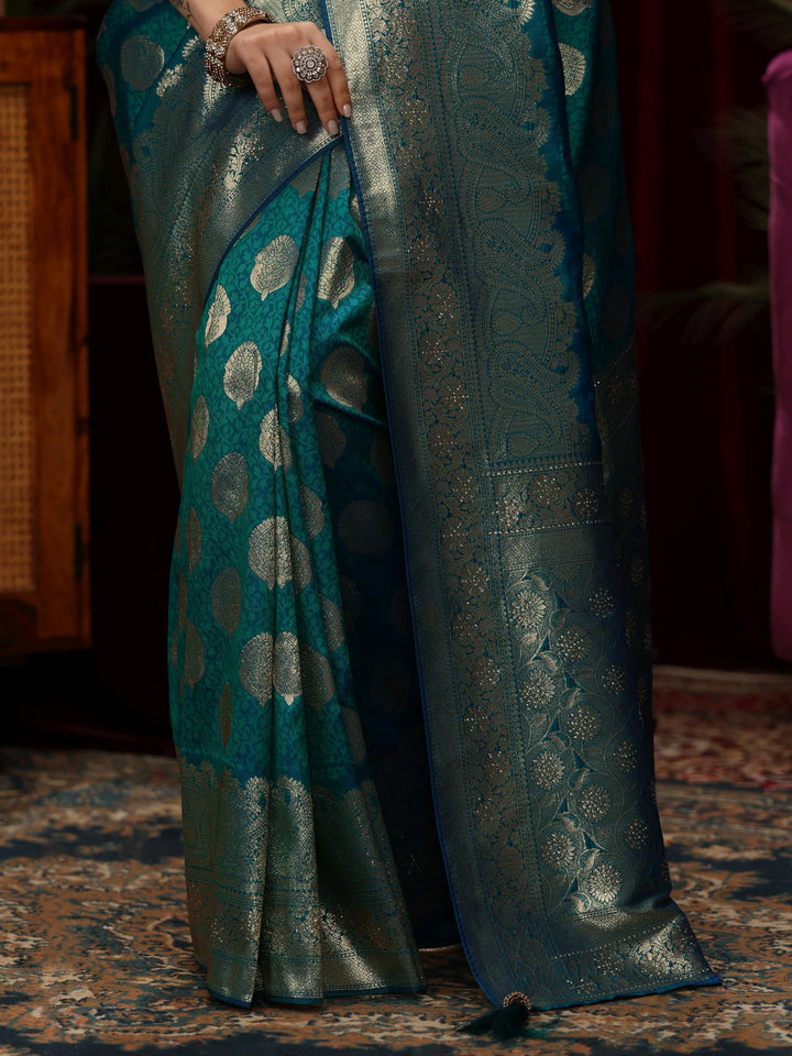 Libas Persian Blue Woven Design Silk Blend Saree