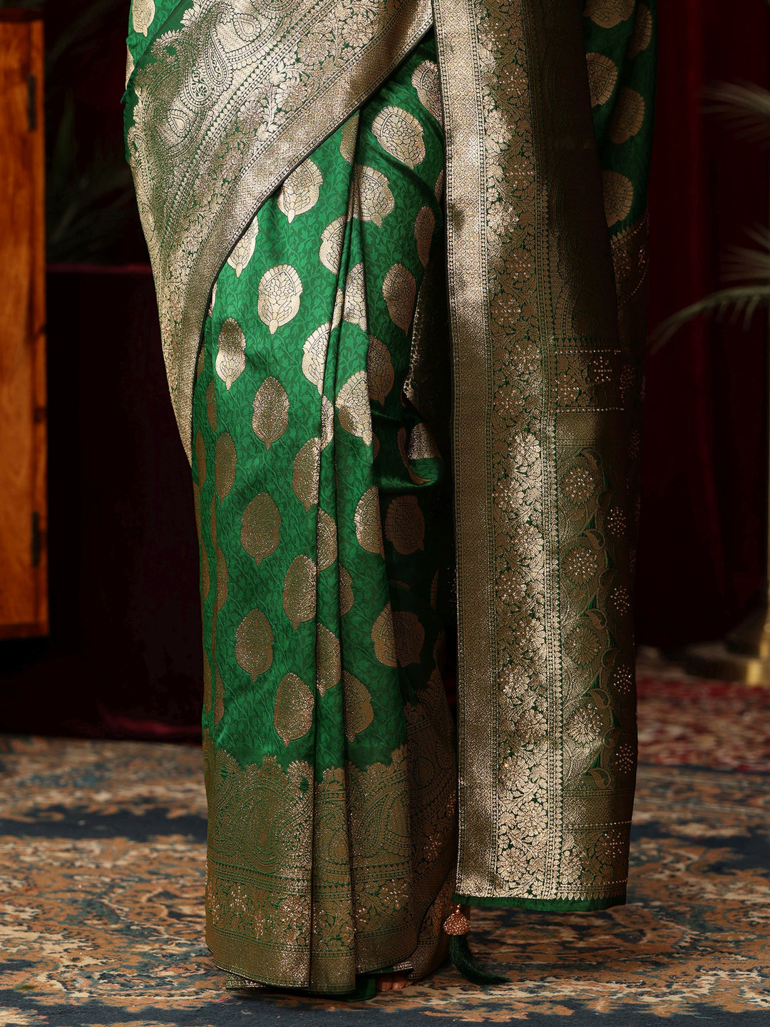 Libas Emerald Green Leaf Motif  Woven Design Silk Blend Saree
