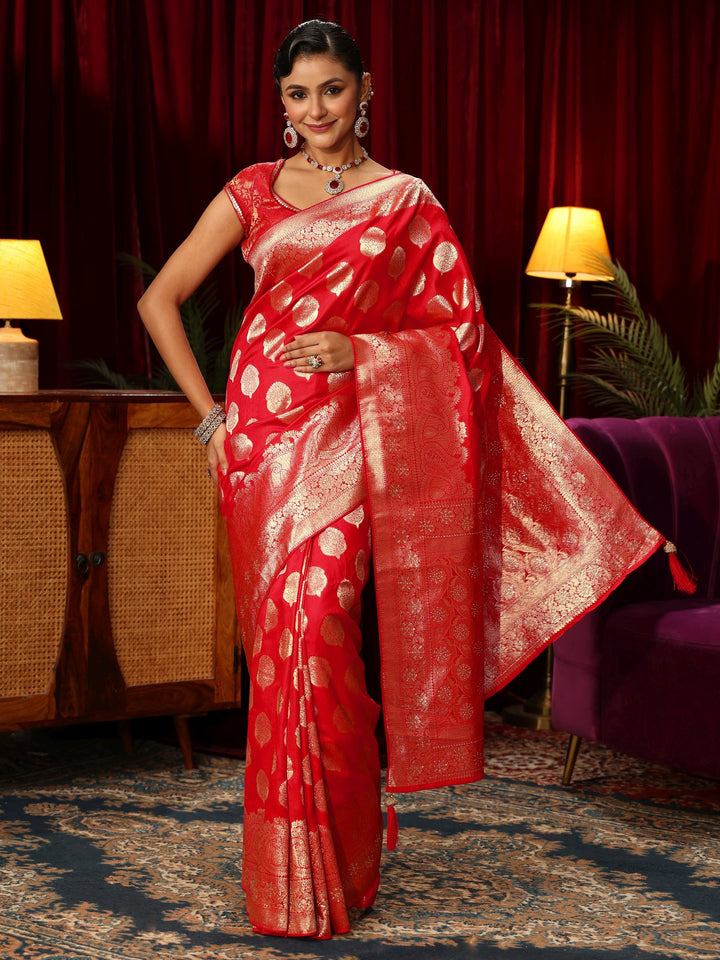 Libas Vermillion Red Woven Design Silk Blend Saree