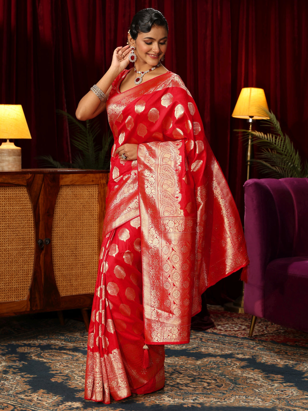Libas Vermillion Red Woven Design Silk Blend Saree
