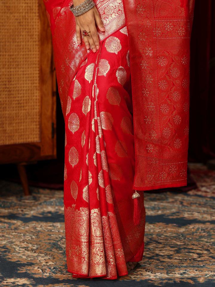 Libas Vermillion Red Woven Design Silk Blend Saree