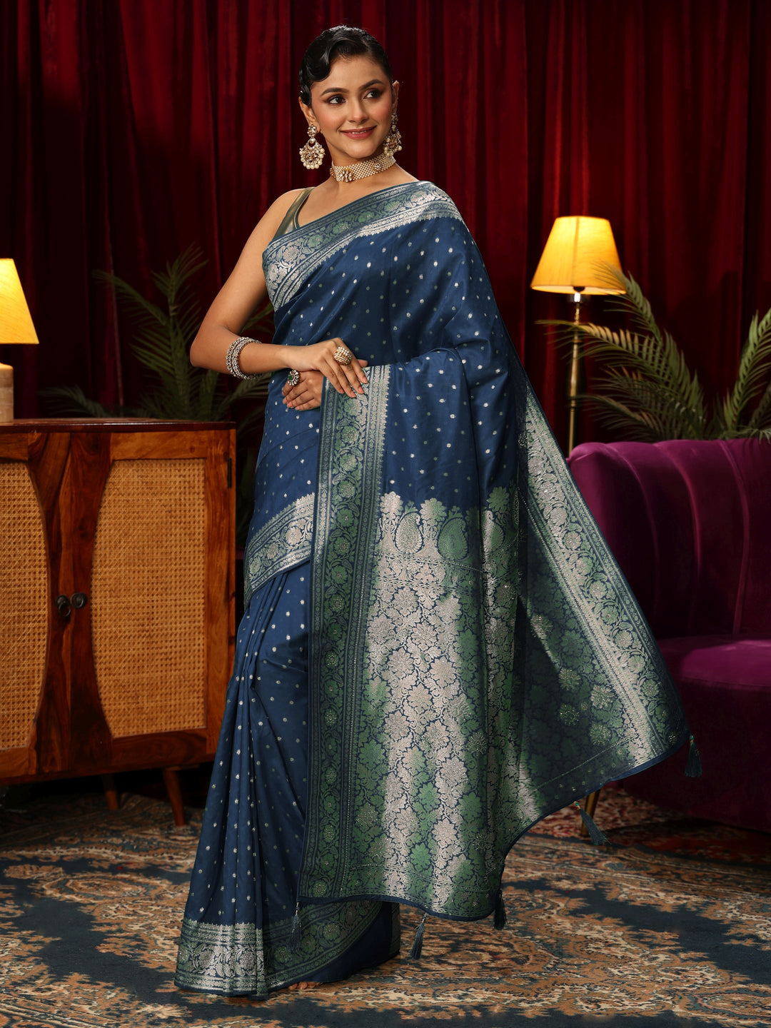 Libas Teal Blue Banarasi Silk Blend Saree
