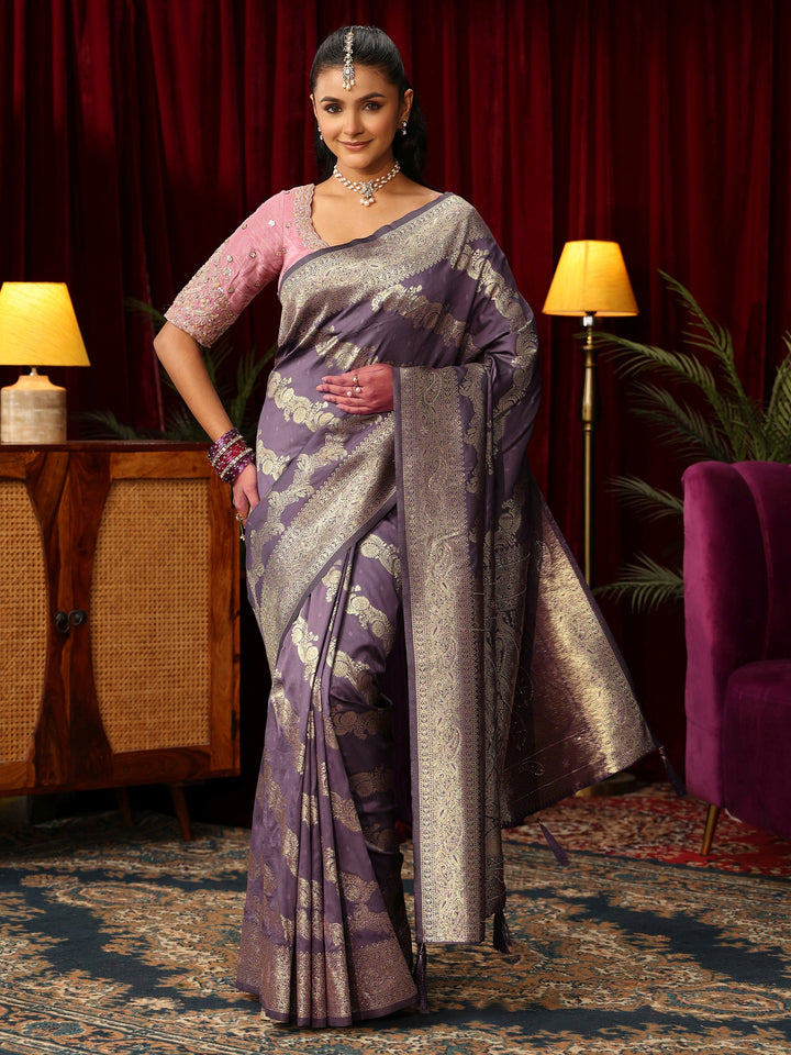 Libas Lavender Woven Design Silk Blend Saree