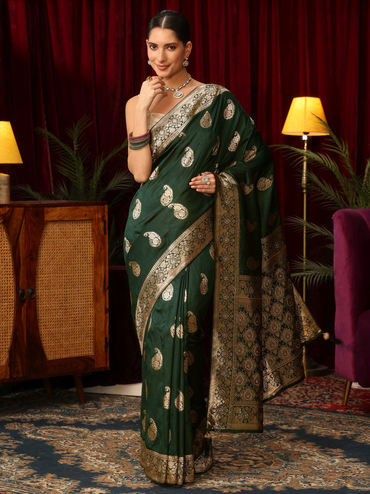 Libas Forest Green Paisley Woven Design Silk Blend Saree