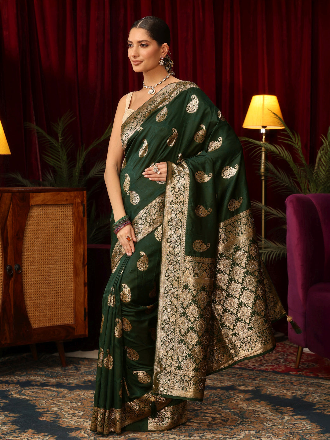 Libas Forest Green Paisley Woven Design Silk Blend Saree