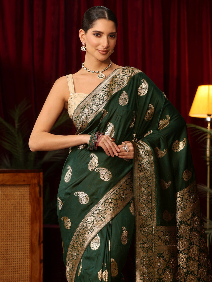 Libas Forest Green Paisley Woven Design Silk Blend Saree