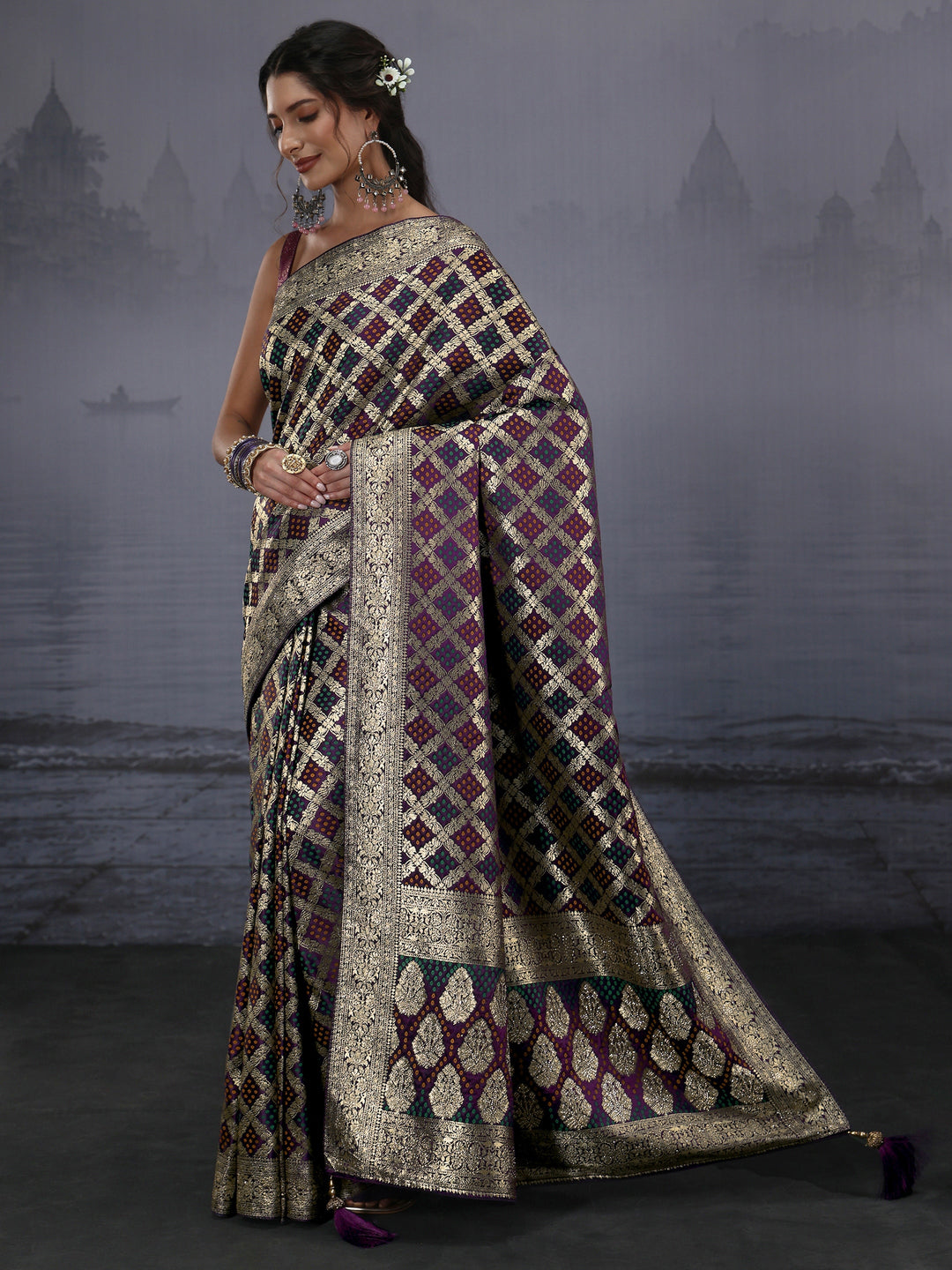 Libas Purple Gharchola Satin Saree