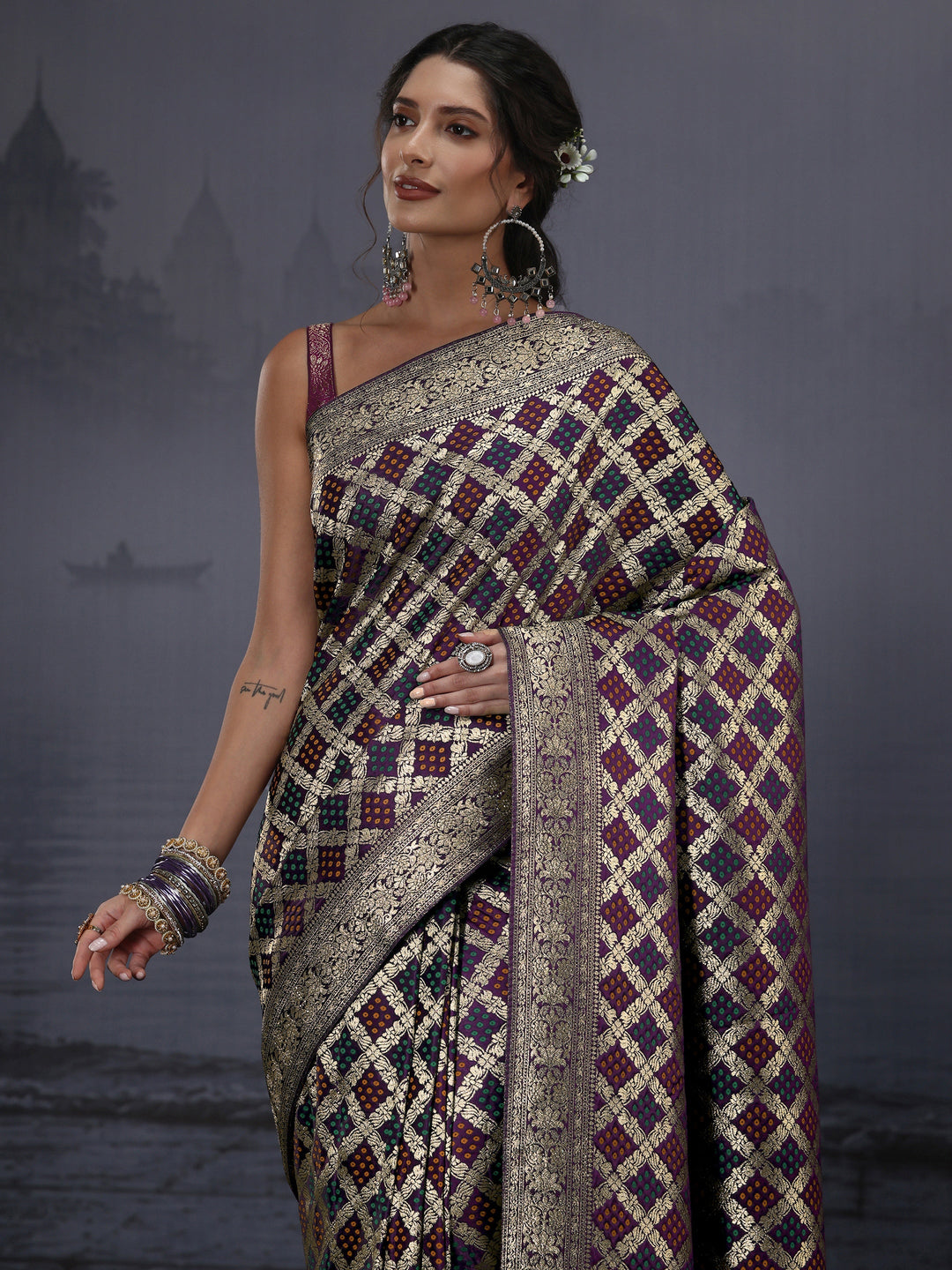 Libas Purple Gharchola Satin Saree