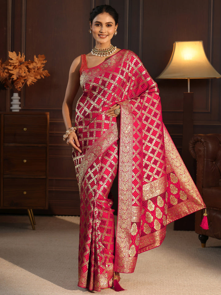 Libas Red Woven Design Satin Saree with Embellished Pallu