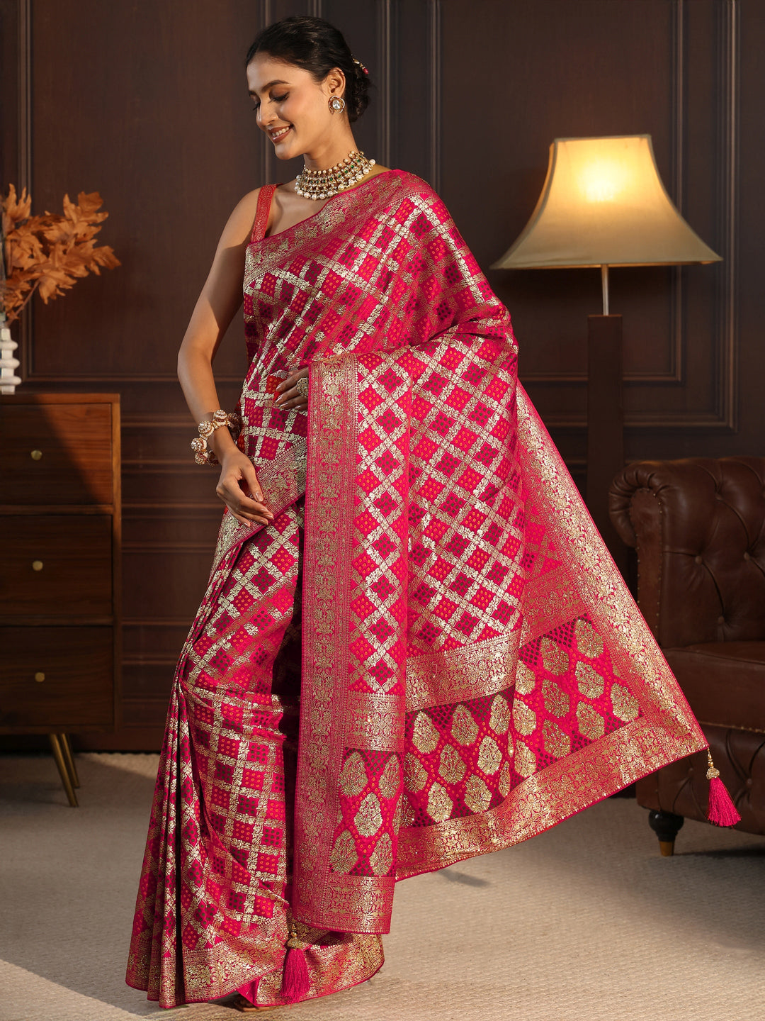 Libas Red Woven Design Satin Saree with Embellished Pallu