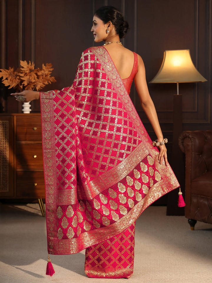 Libas Red Woven Design Satin Saree with Embellished Pallu