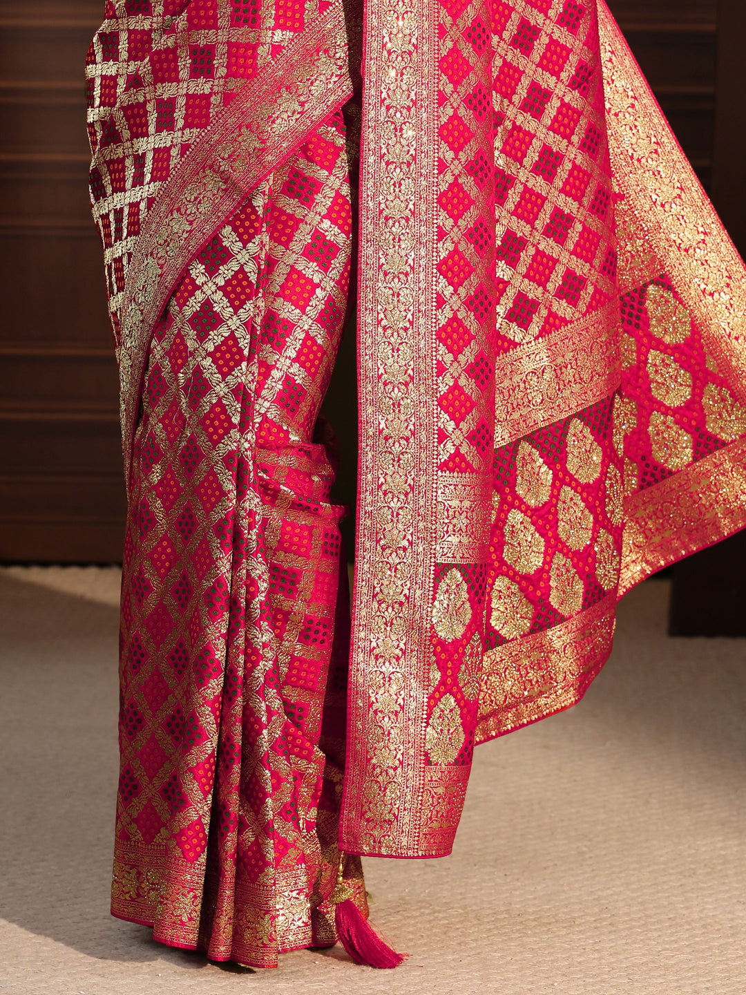 Libas Red Woven Design Satin Saree with Embellished Pallu