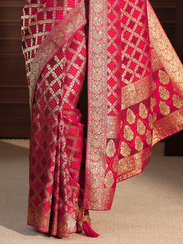 Libas Red Woven Design Satin Saree with Embellished Pallu