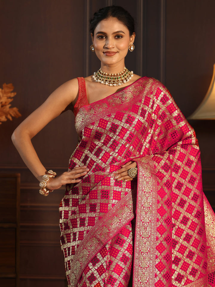 Libas Red Woven Design Satin Saree with Embellished Pallu
