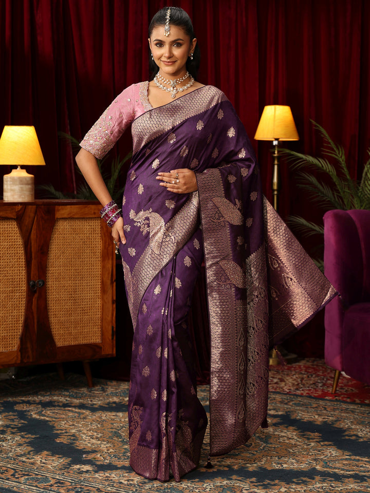 Libas Royal Purple Peacock Woven Design Silk Blend Saree