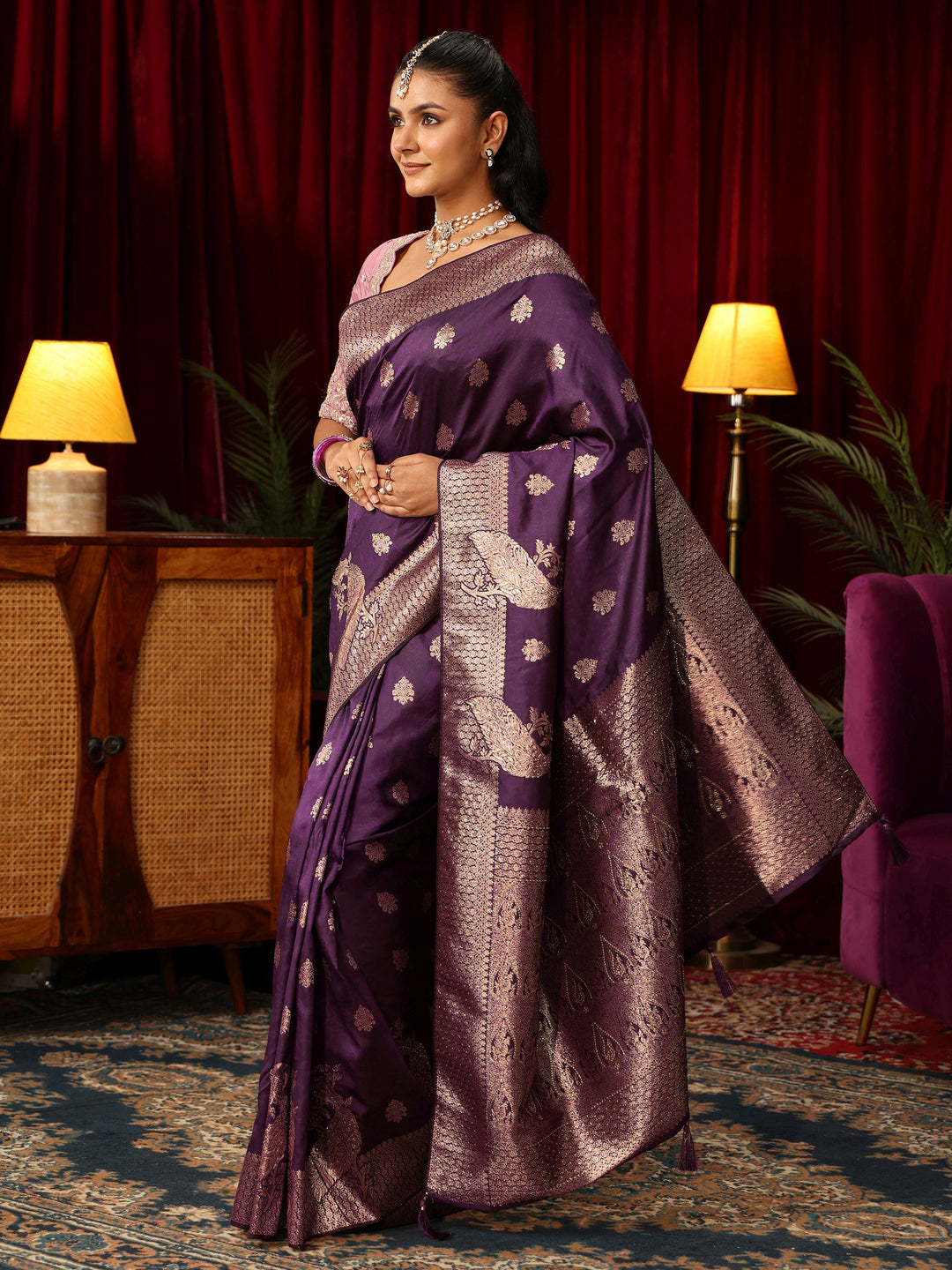 Libas Royal Purple Peacock Woven Design Silk Blend Saree