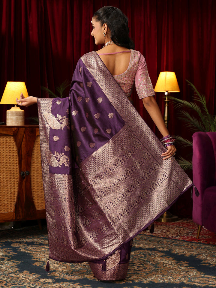 Libas Royal Purple Peacock Woven Design Silk Blend Saree