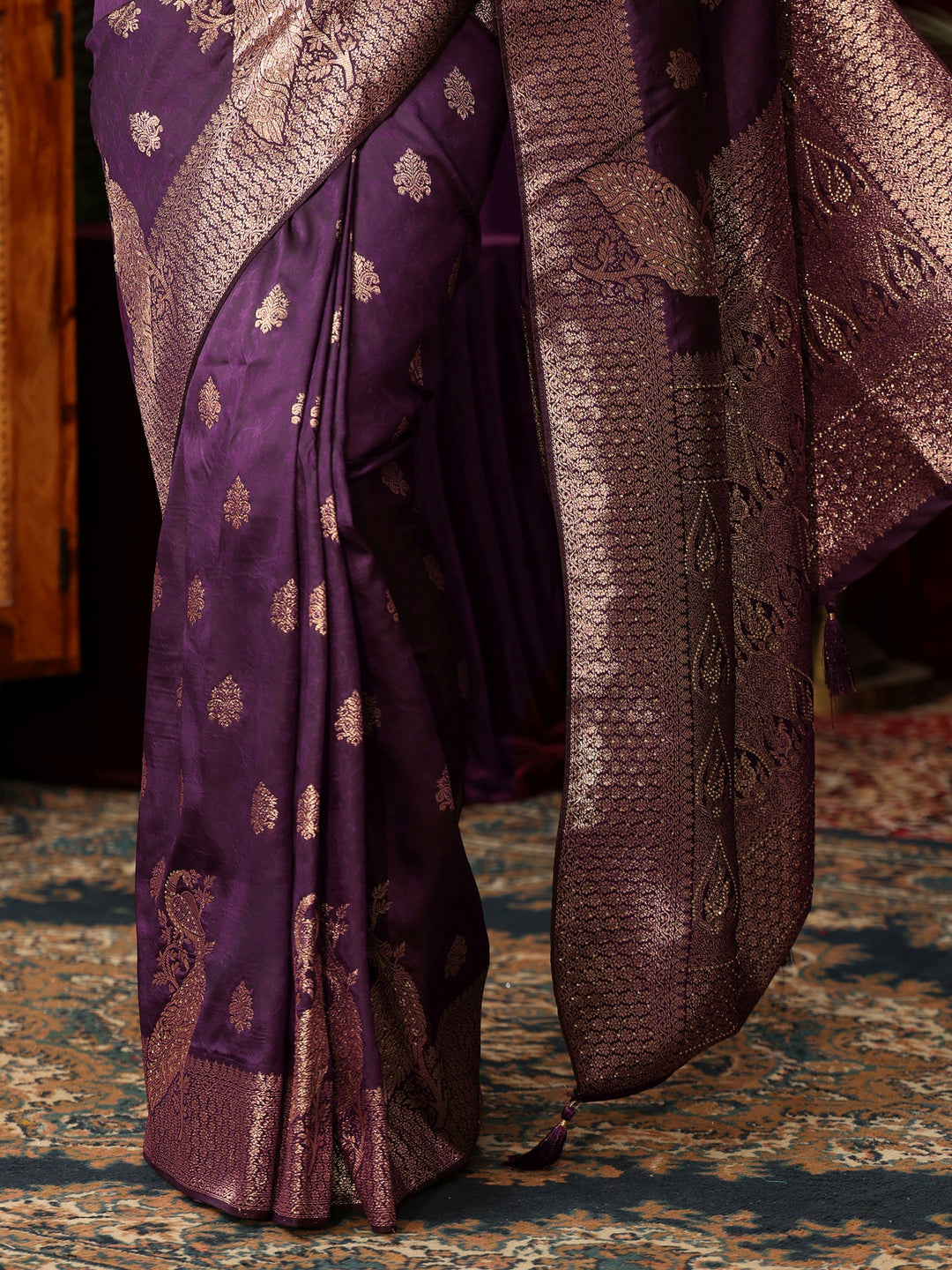 Libas Royal Purple Peacock Woven Design Silk Blend Saree