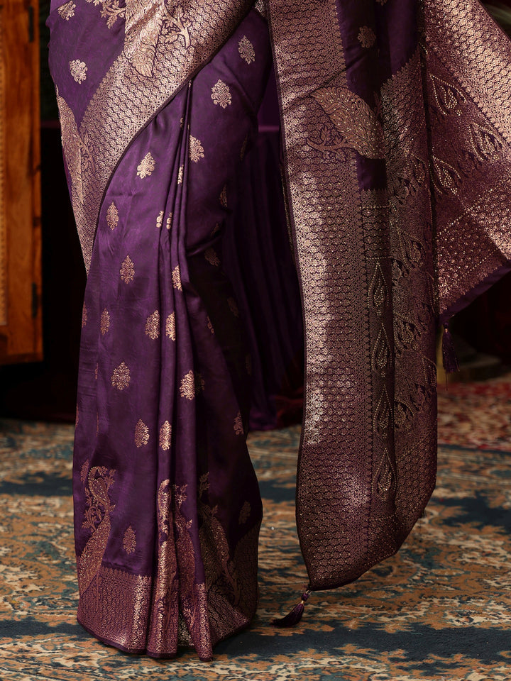 Libas Royal Purple Peacock Woven Design Silk Blend Saree