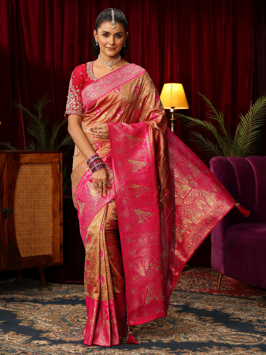 Libas Caramel Orange and Pink Woven Design Silk Blend Saree