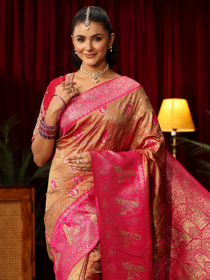 Libas Caramel Orange and Pink Woven Design Silk Blend Saree