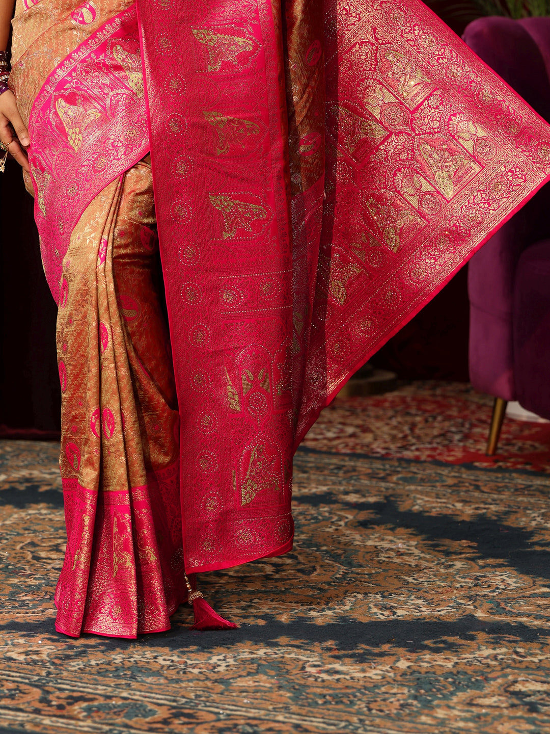 Libas Caramel Orange and Pink Woven Design Silk Blend Saree