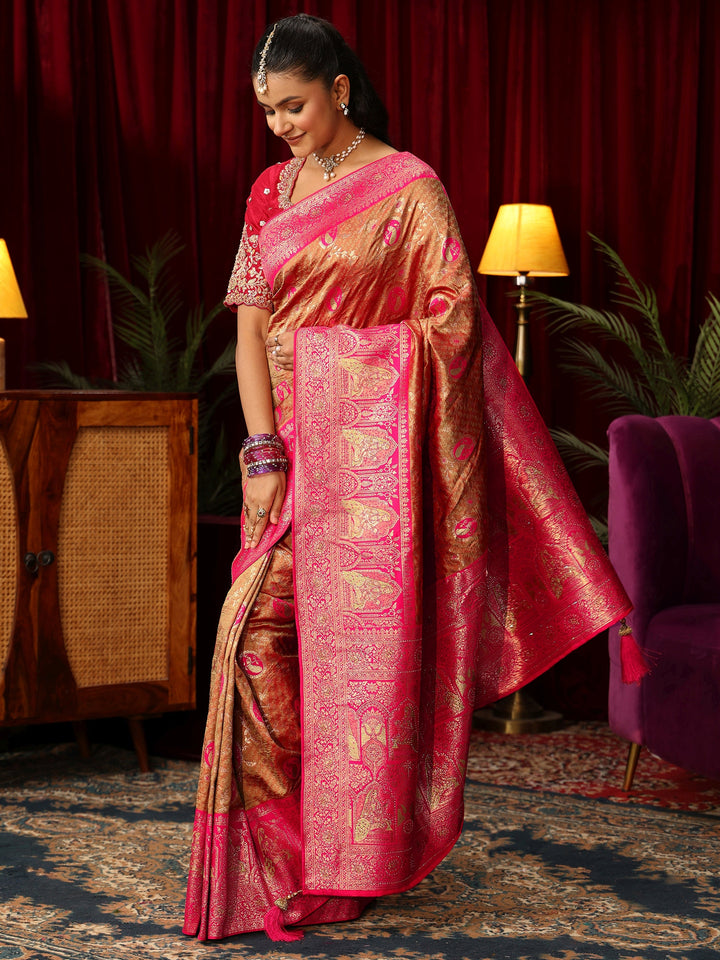 Libas Caramel Orange and Pink Woven Design Silk Blend Saree