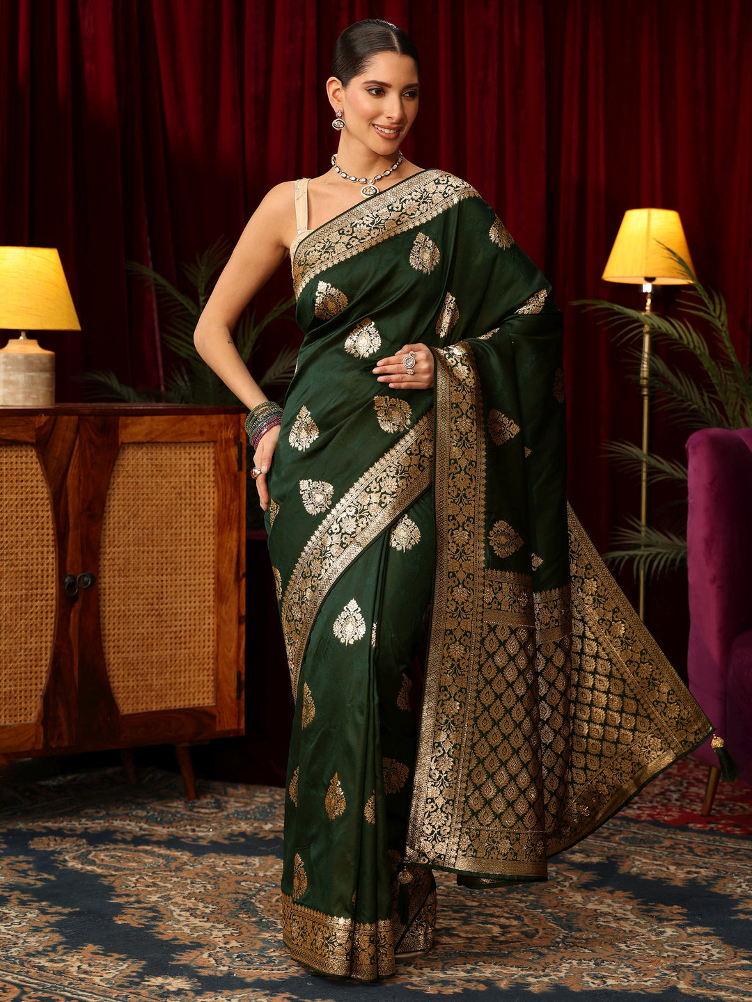 Libas Dark Green Leaf Motif  Woven Design Silk Blend Saree
