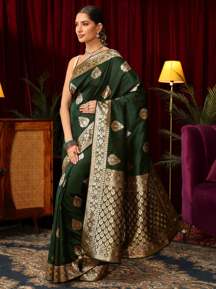 Libas Dark Green Leaf Motif  Woven Design Silk Blend Saree