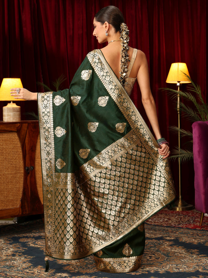 Libas Dark Green Leaf Motif  Woven Design Silk Blend Saree