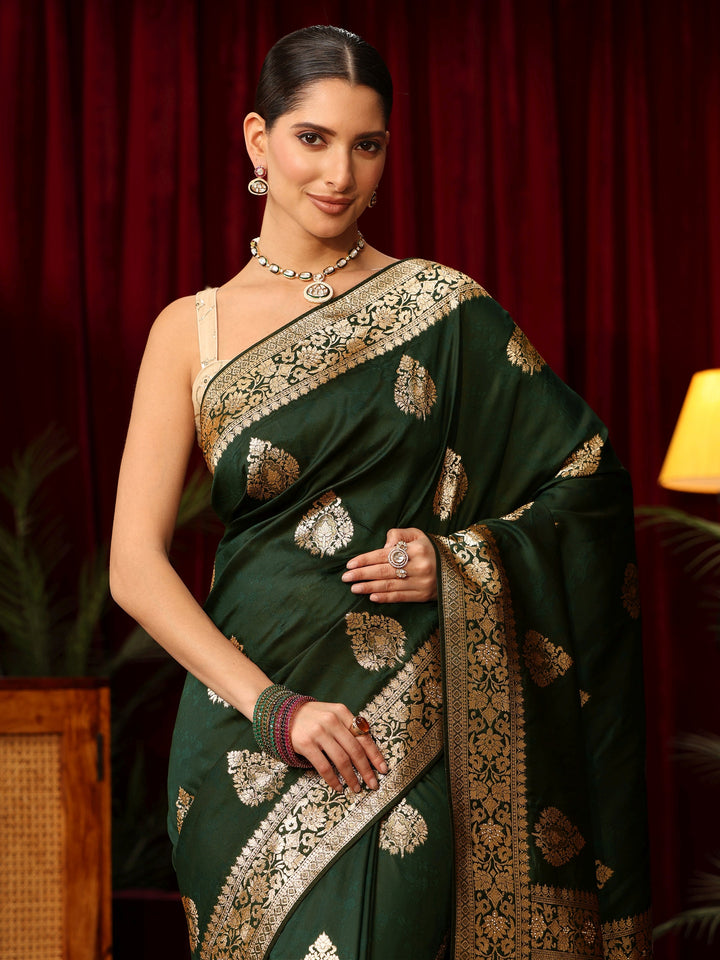 Libas Dark Green Leaf Motif  Woven Design Silk Blend Saree