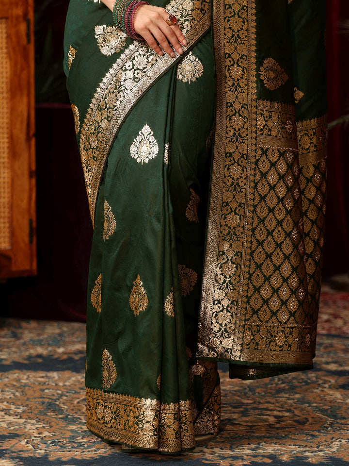 Libas Dark Green Leaf Motif  Woven Design Silk Blend Saree