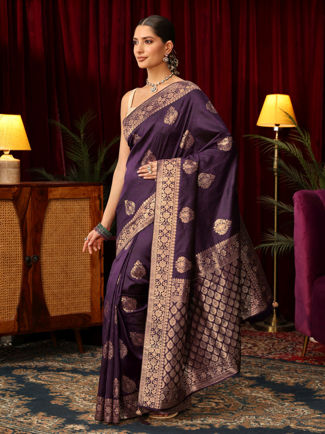 Libas Purple Woven Design Silk Blend Saree
