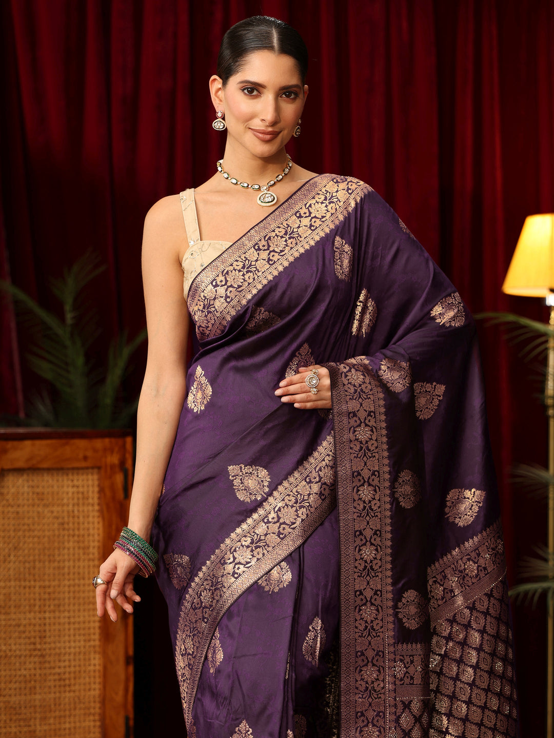 Libas Purple Woven Design Silk Blend Saree