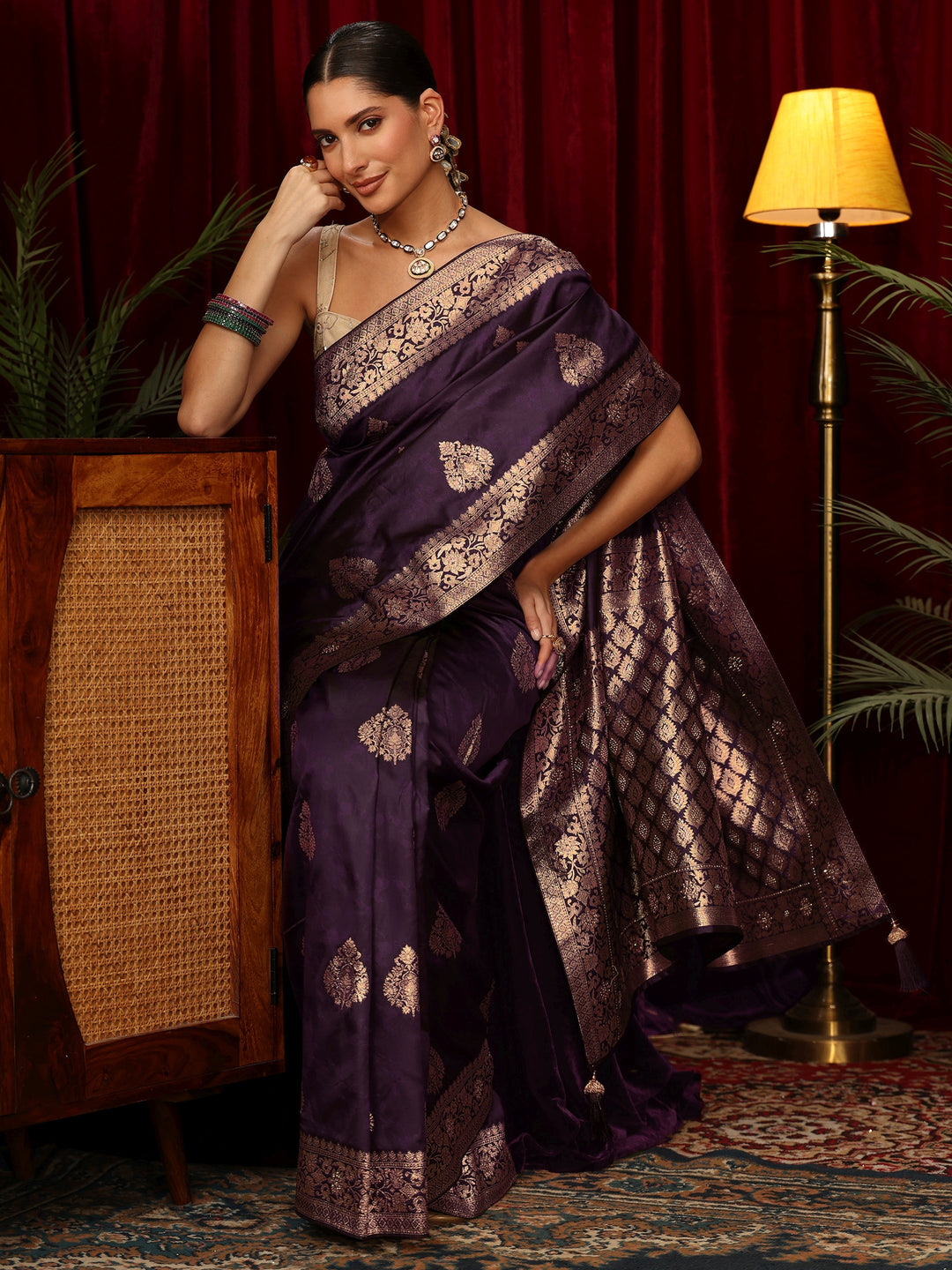 Libas Purple Woven Design Silk Blend Saree