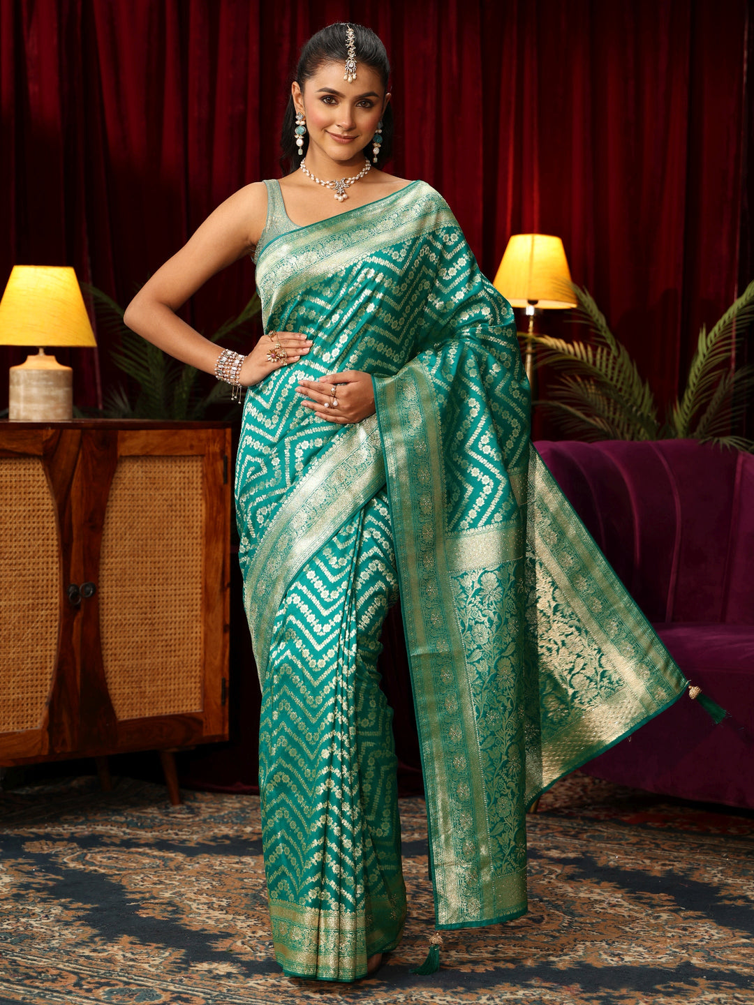 Libas Sea Green Chevron Brocade Saree with Stone Work