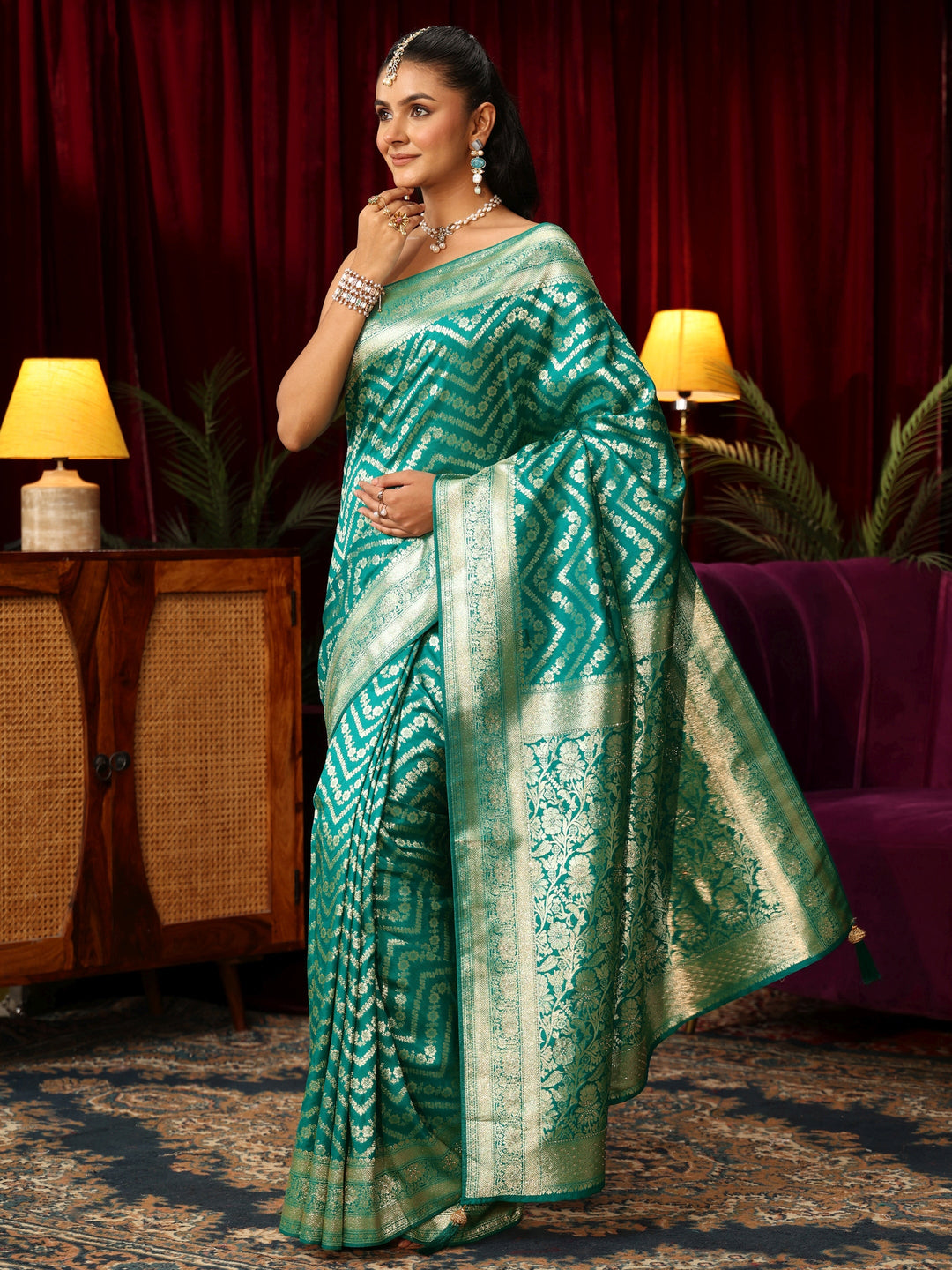Libas Sea Green Chevron Brocade Saree with Stone Work