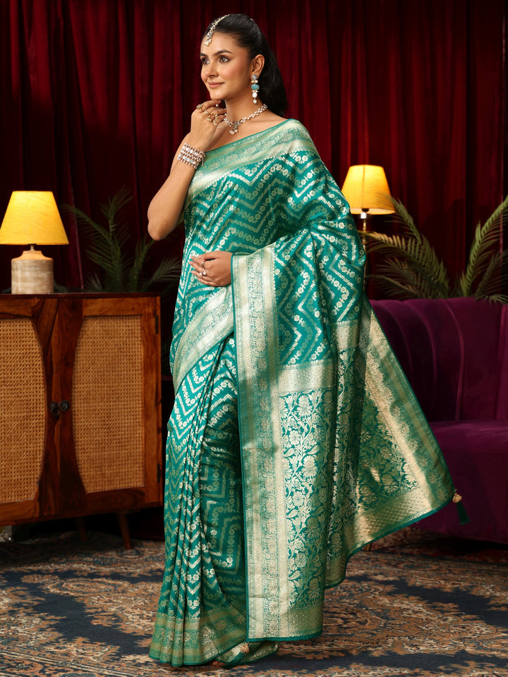 Libas Sea Green Chevron Brocade Saree with Stone Work