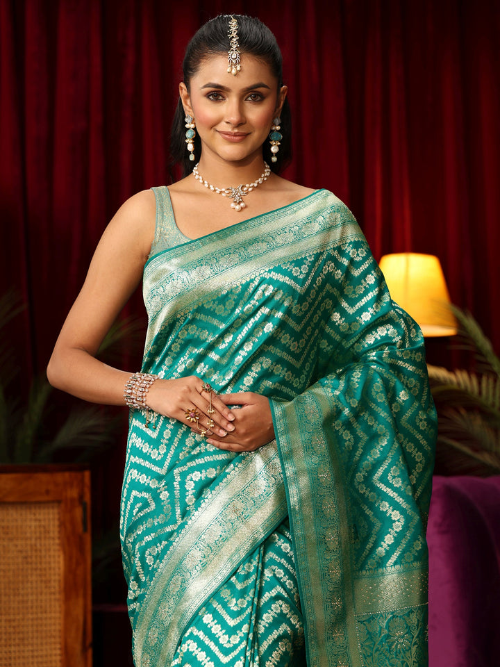 Libas Sea Green Chevron Brocade Saree with Stone Work